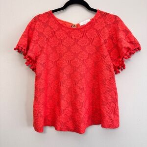 Anthropologie Eri + Ali Orange Lace Top with Pom Pom Sleeves